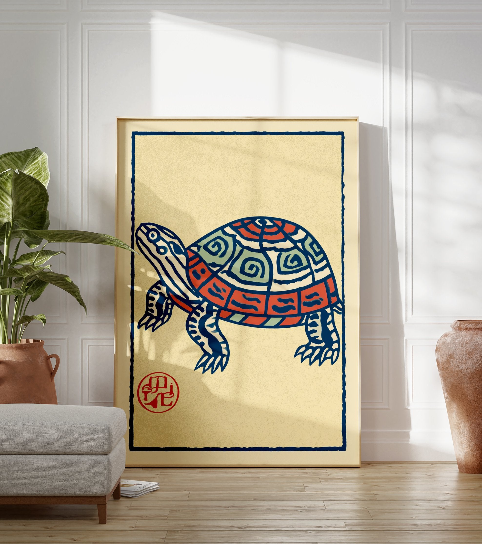 Traditional illustrative turtle art print with blue, red, and green patterns on a cream background, featuring a red seal. - Image 3