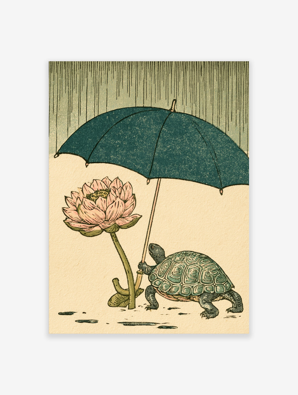 Turtle holding teal umbrella beside pink lotus in rain, Japanese woodblock style poster