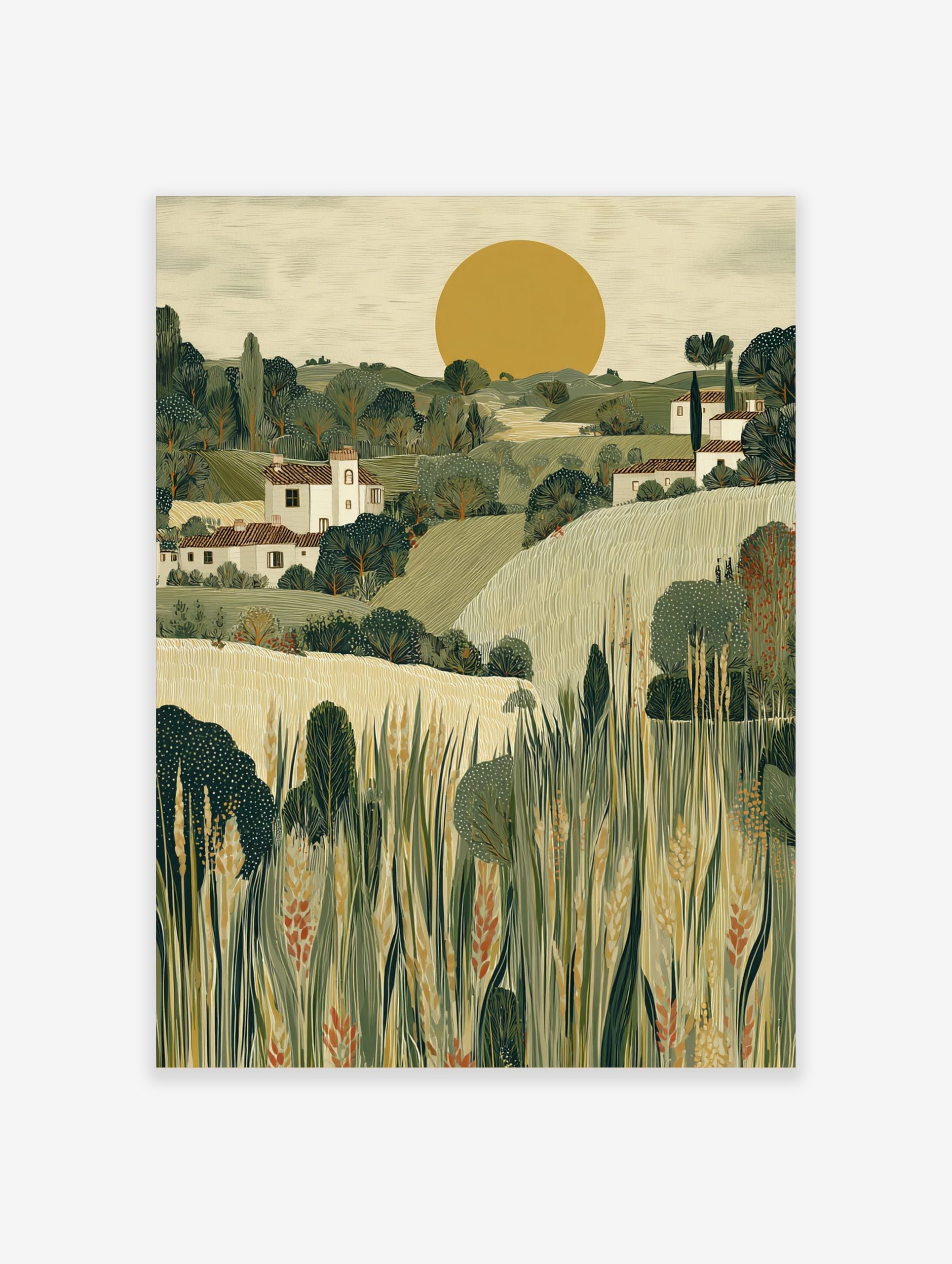 Illustrative Tuscan landscape art print with white houses, green hills, golden wheat fields, and a large yellow sun