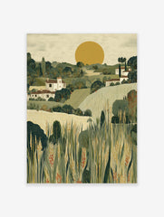 Illustrative Tuscan landscape art print with white houses, green hills, golden wheat fields, and a large yellow sun