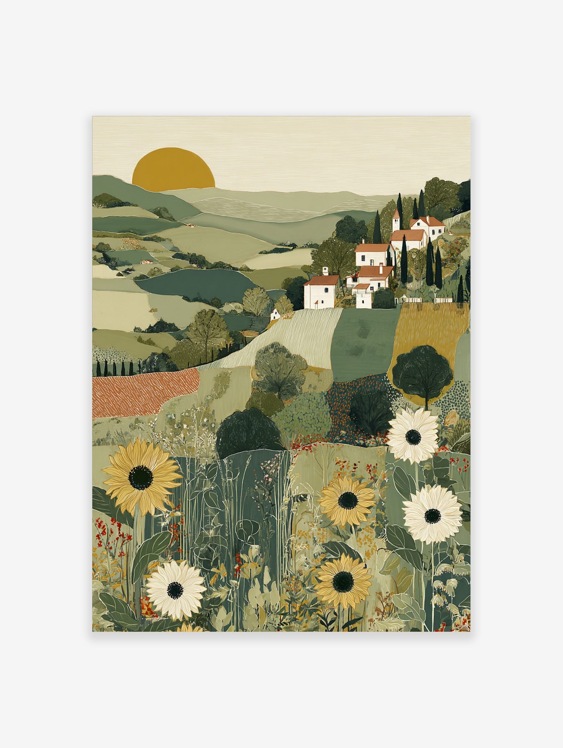 Illustrative Tuscan landscape art print with green hills, white village houses, cypress trees, and foreground sunflowers