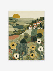 Illustrative Tuscan landscape art print with green hills, white village houses, cypress trees, and foreground sunflowers