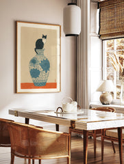 Black and white tuxedo cat sitting on a blue and white floral vase with an orange base. Cat wall art illustration. - Image 2