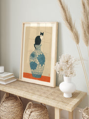 Black and white tuxedo cat sitting on a blue and white floral vase with an orange base. Cat wall art illustration. - Image 3