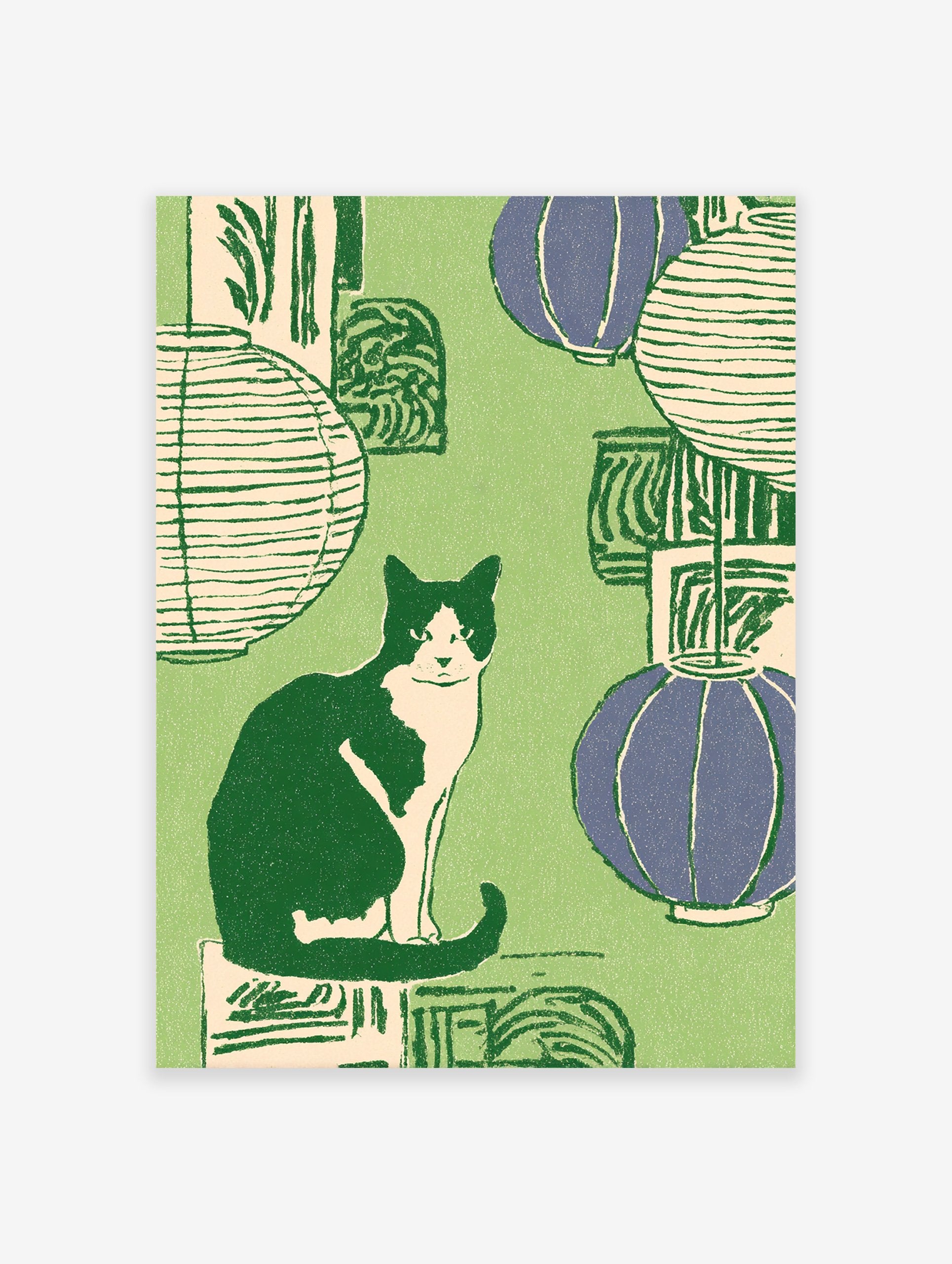 Illustrated Cat Wall Art featuring a black and white tuxedo cat sitting among green and purple lanterns on a green background.
