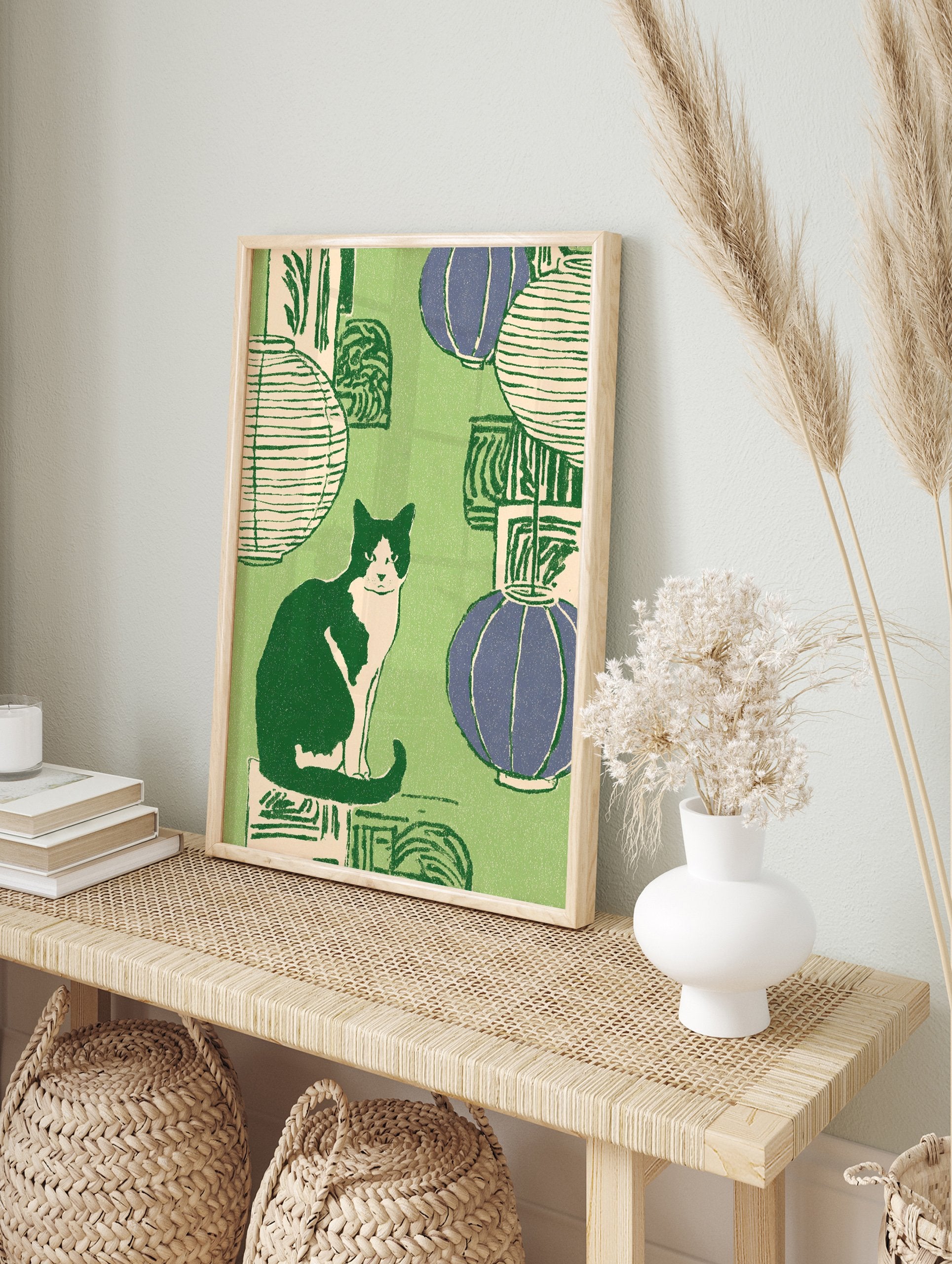 Illustrated Cat Wall Art featuring a black and white tuxedo cat sitting among green and purple lanterns on a green background. - Image 3