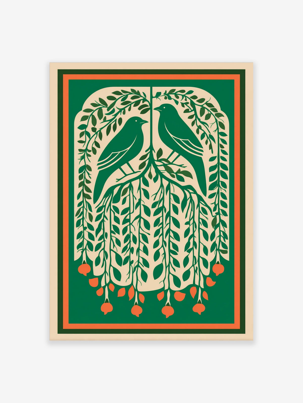 Illustrative green art print of two birds in a leafy tree with orange berries and a green-orange border