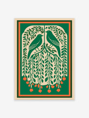 Illustrative green art print of two birds in a leafy tree with orange berries and a green-orange border