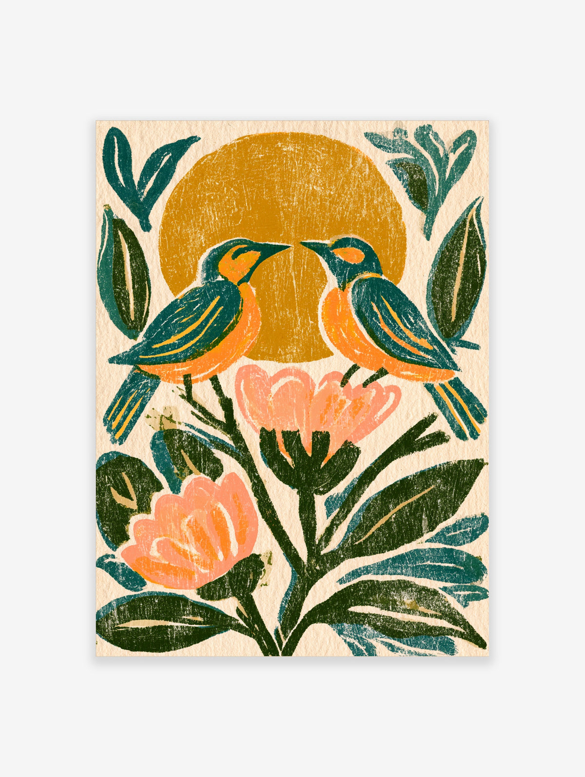 Two orange and teal birds facing each other above pink flowers and a golden sun in a textured floral art print