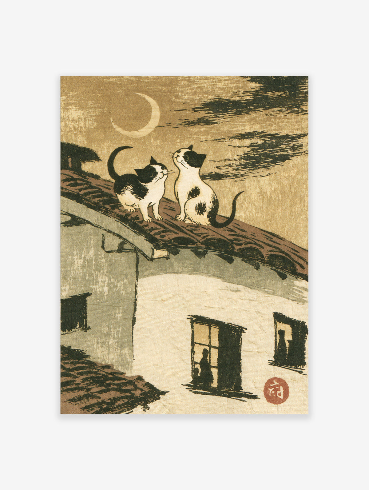 Two cats sitting on a tiled roof looking at a crescent moon, Japanese style illustration art print on textured background