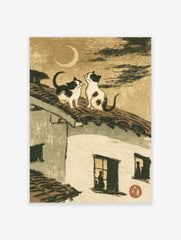 Two cats sitting on a tiled roof looking at a crescent moon, Japanese style illustration art print on textured background
