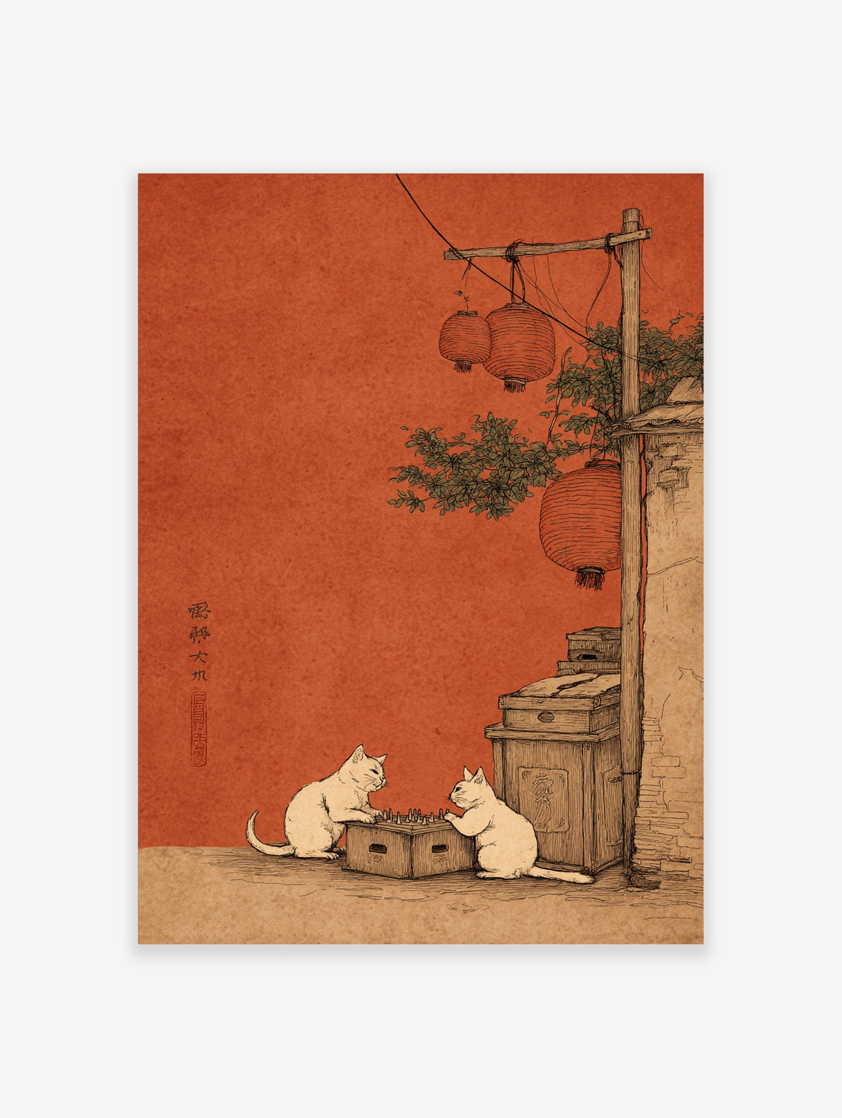 Two white cats playing chess on a crate under red lanterns and green leaves, Japanese style illustration