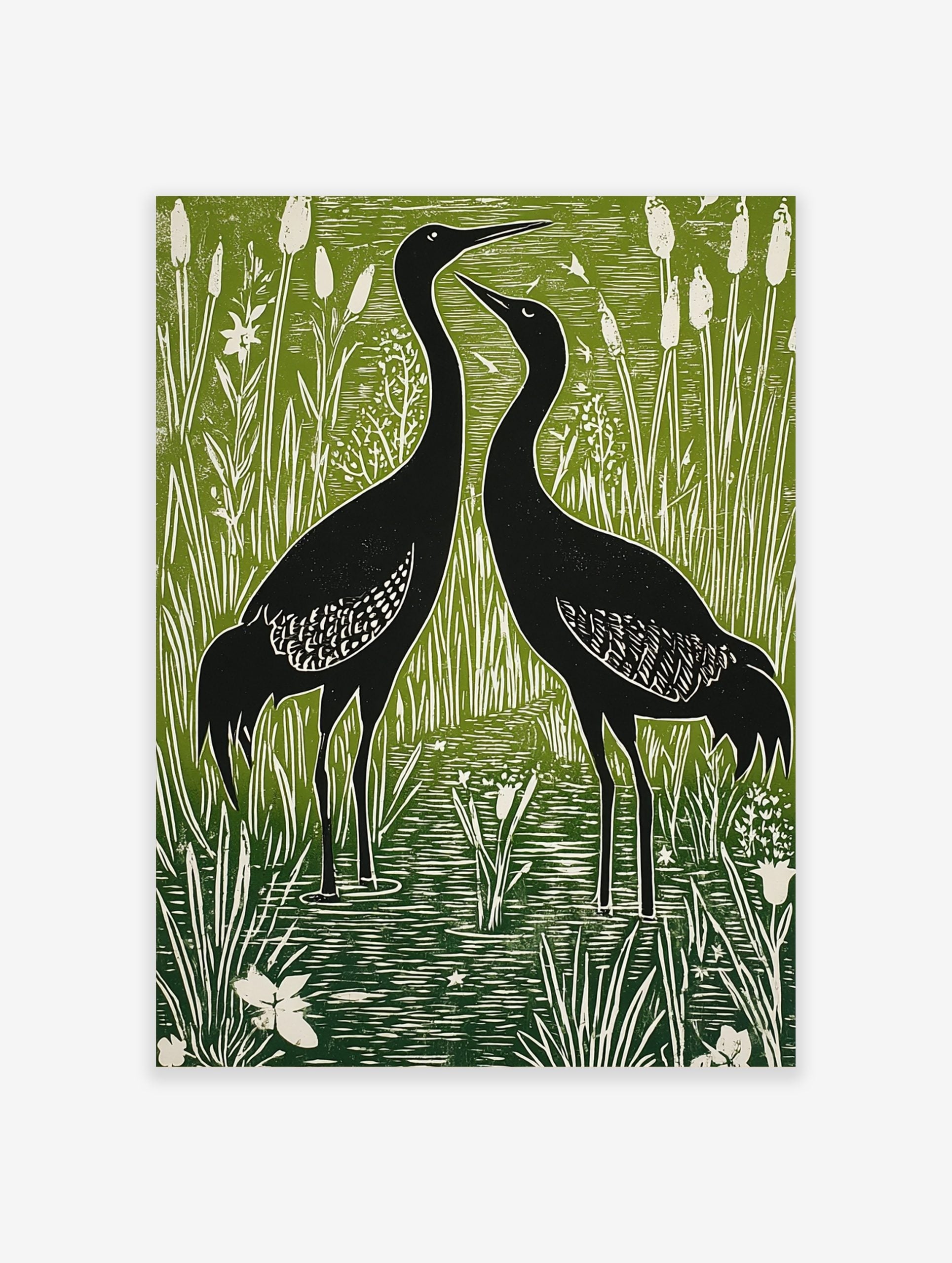 Two black cranes standing in a green and white wetland with tall reeds and cattails, in linocut style