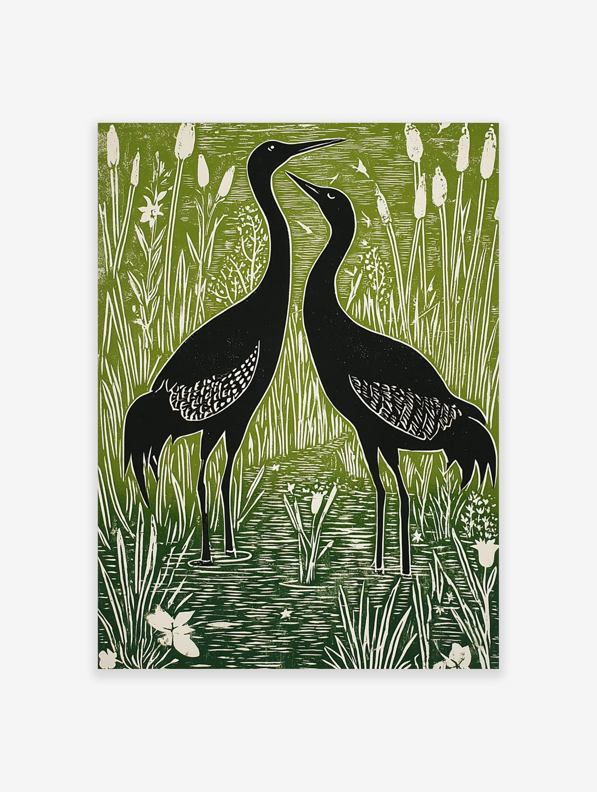 Two black cranes standing in a green and white wetland with tall reeds and cattails, in linocut style