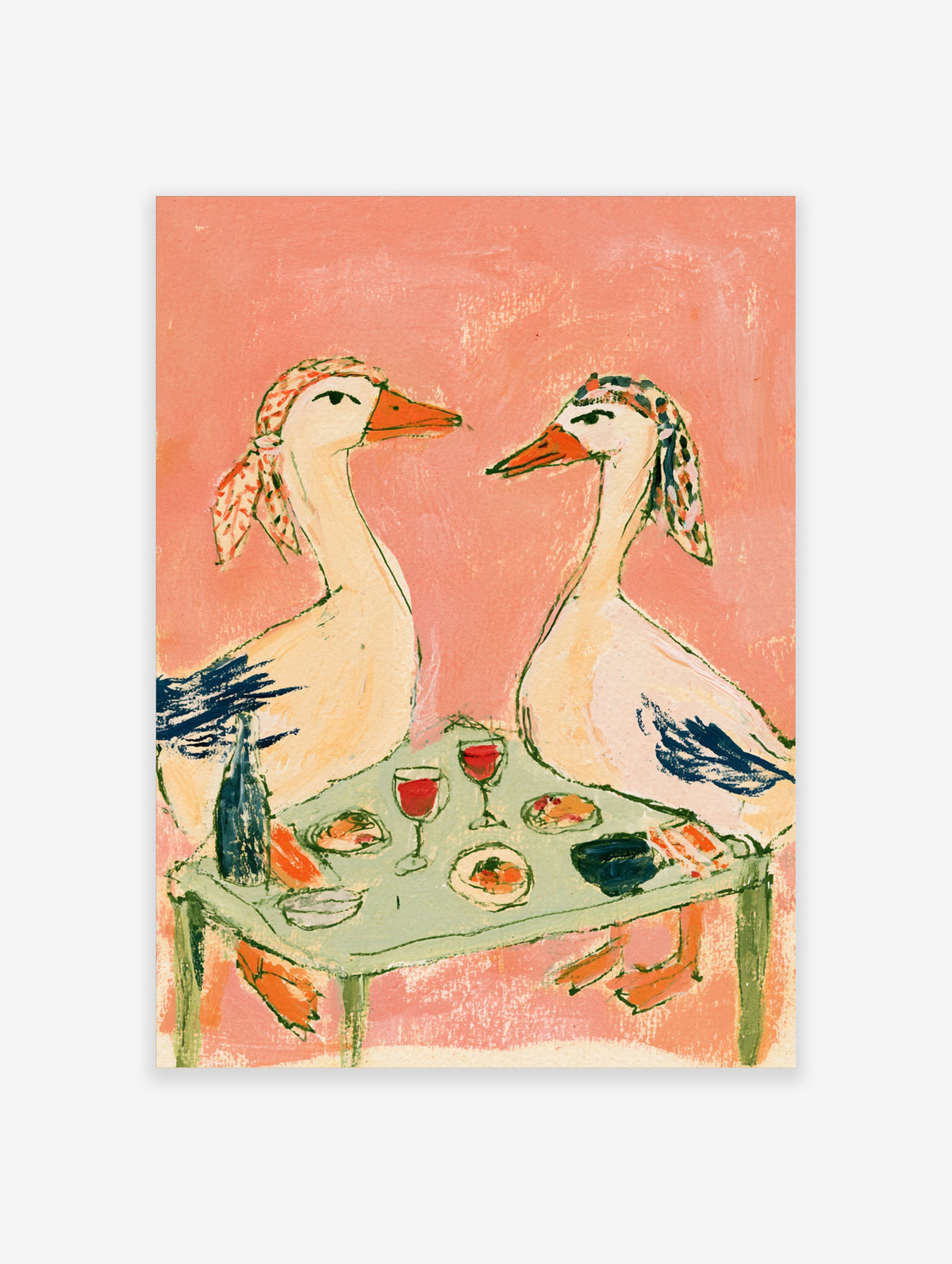 Two white ducks in headscarves at a table with wine and plates, pink background