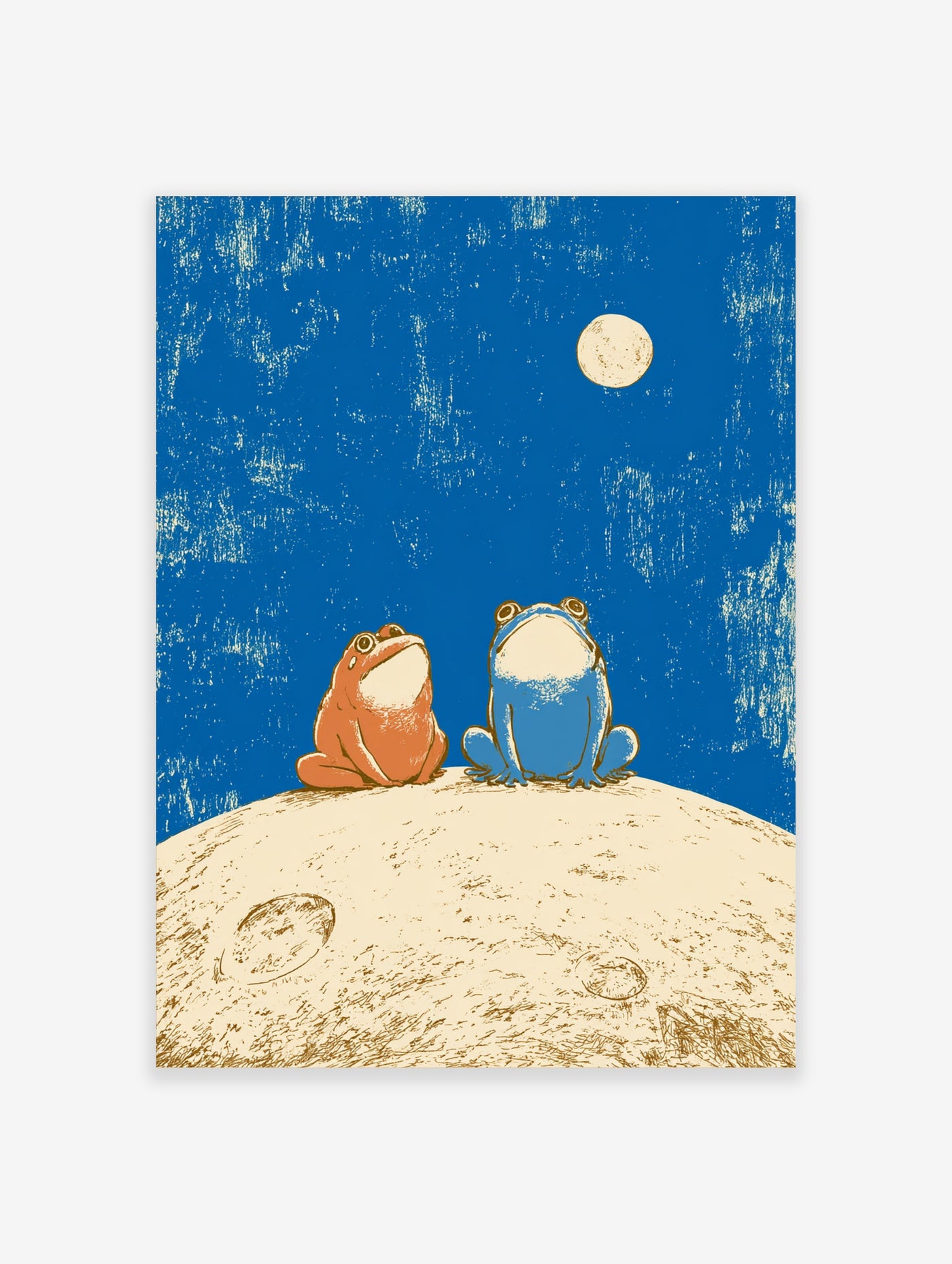Two frogs on a moon wall art, blue night sky with full moon, illustrative animal print