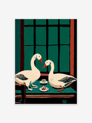 Illustrative wall art of two white geese with red beaks at a green table with cake and a window background
