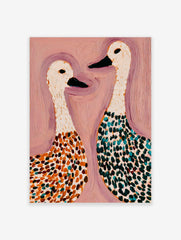 Abstract painting of two white geese with spotted bodies in orange, teal, and green on a pink background
