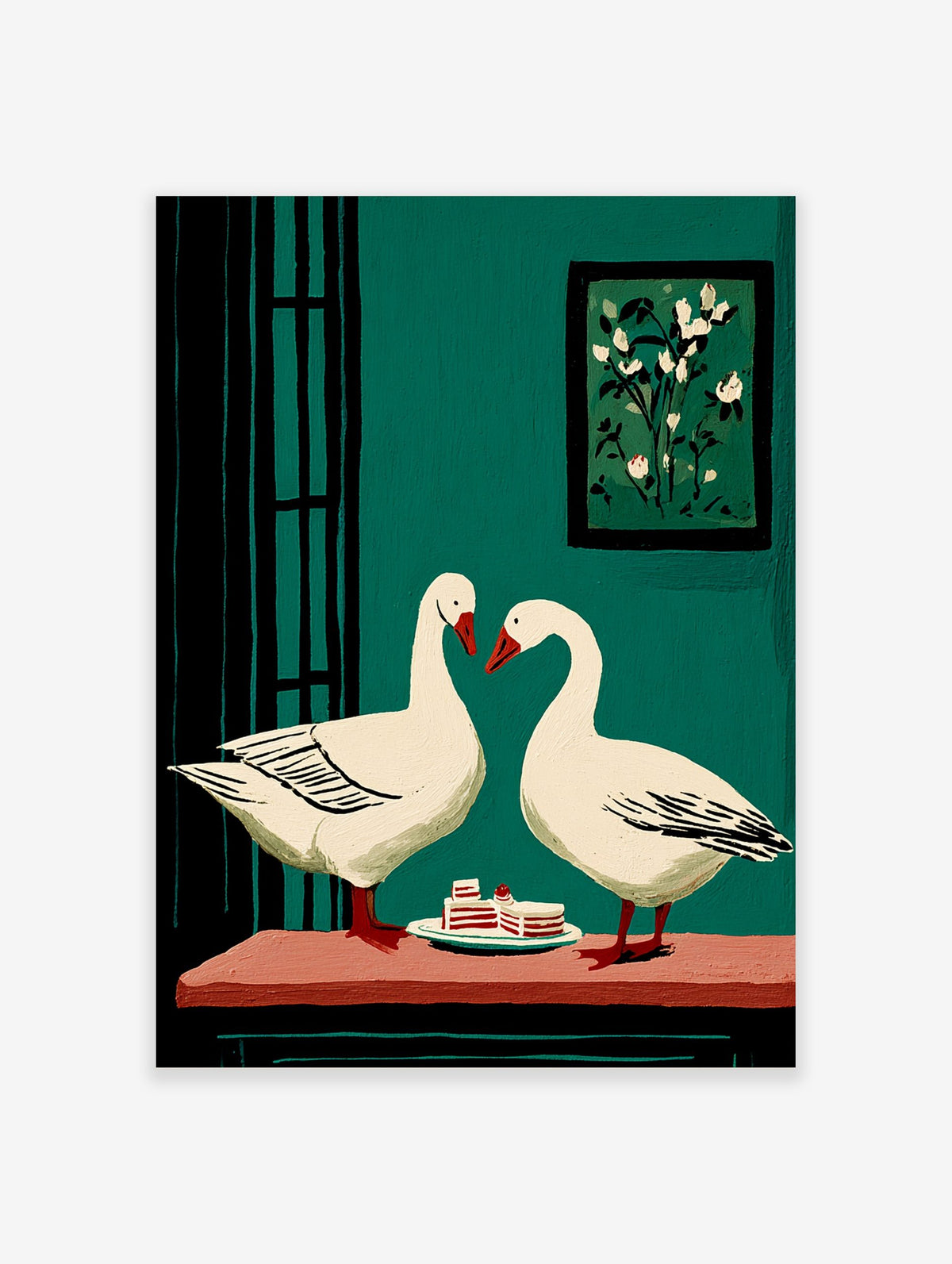 Two white geese with red beaks facing each other over cake slices on a table, against a teal green wall
