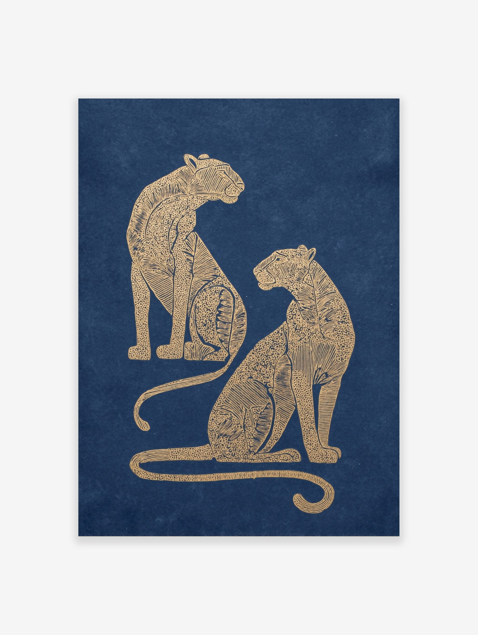 Two golden illustrative leopards with intricate patterns seated on a navy blue background, portrait orientation