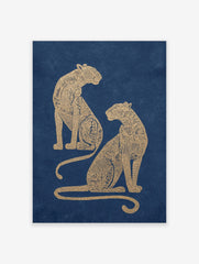 Two golden illustrative leopards with intricate patterns seated on a navy blue background, portrait orientation
