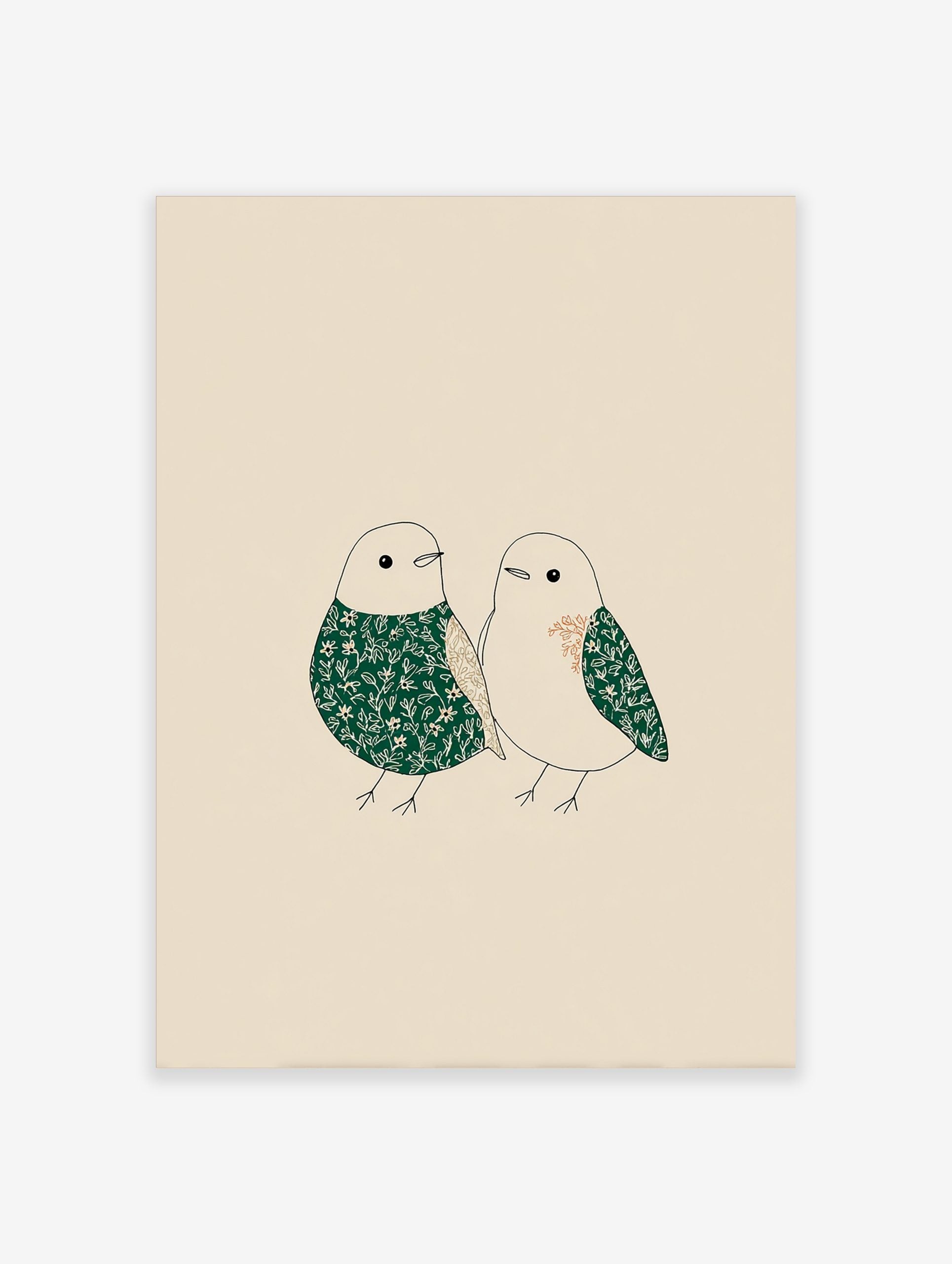 Illustrative art print of two birds with green and beige floral patterns on a light background