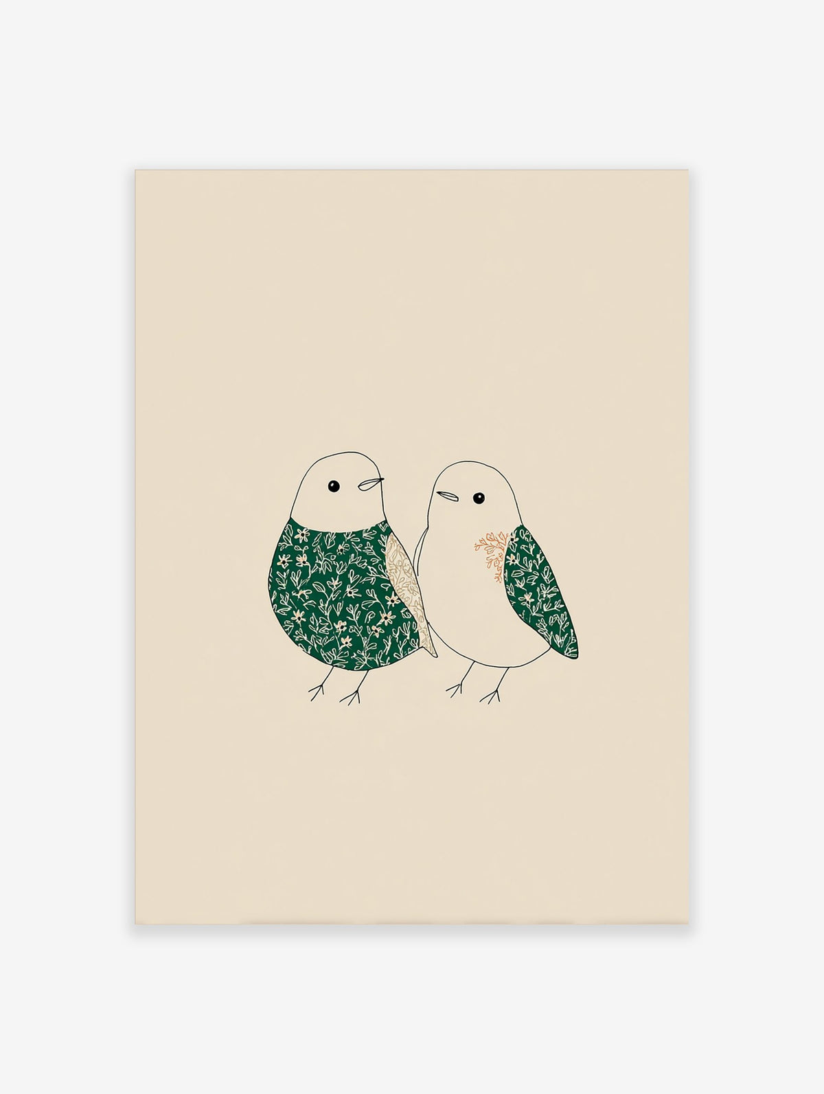 Illustrative art print of two birds with green and beige floral patterns on a light background