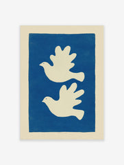 Minimalist art print with two white doves flying left on a solid blue background