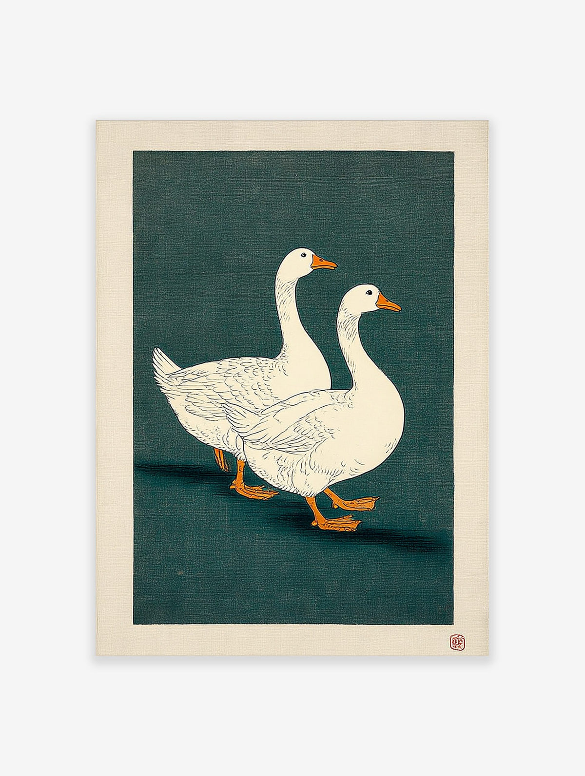 Two white geese with orange beaks walking on a dark teal background in a Japanese illustrative art print