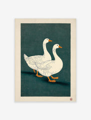 Two white geese with orange beaks walking on a dark teal background in a Japanese illustrative art print