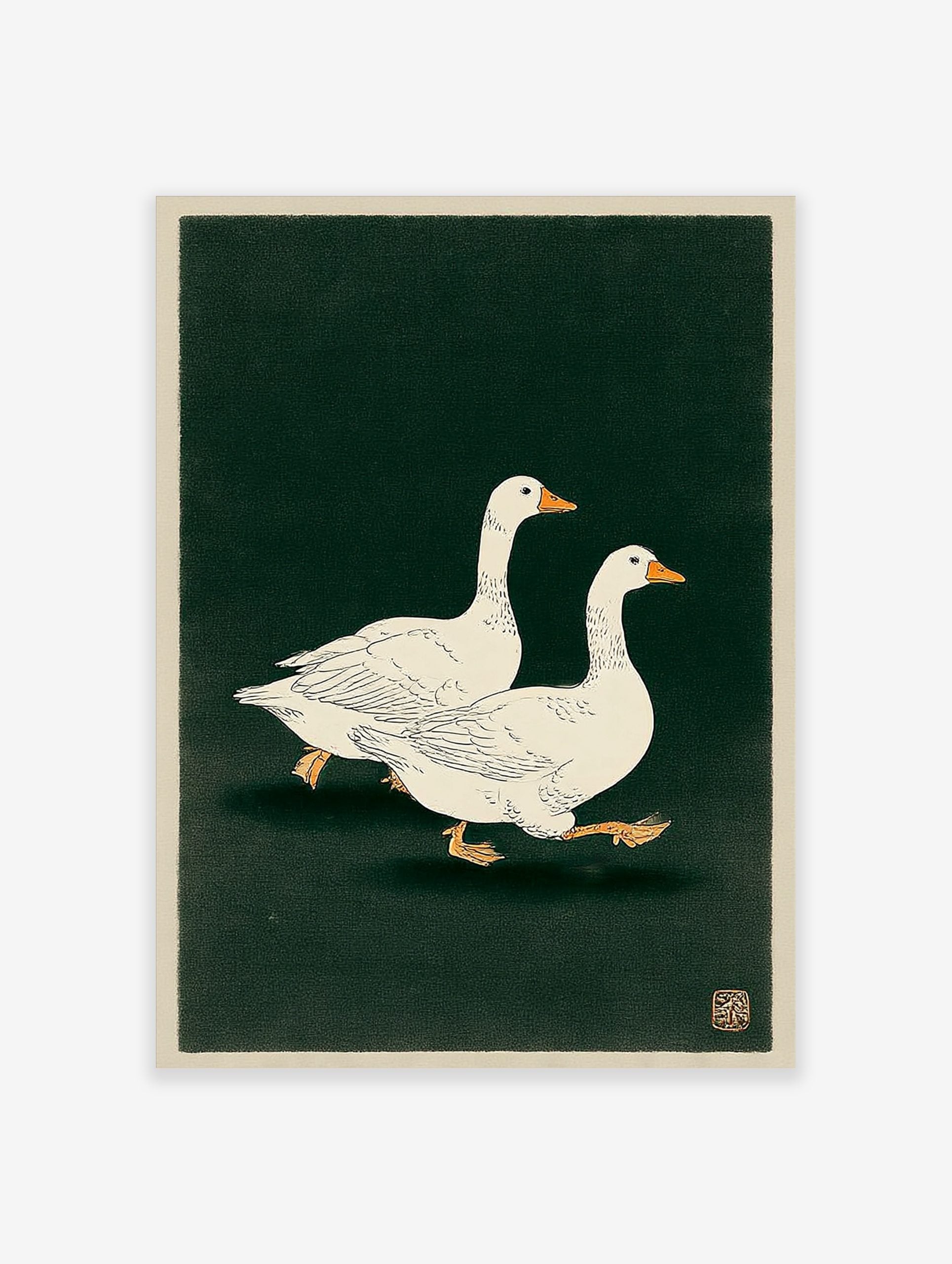 Illustrative print of two white geese with orange beaks walking on a dark green background, Japanese art style