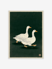 Illustrative print of two white geese with orange beaks walking on a dark green background, Japanese art style