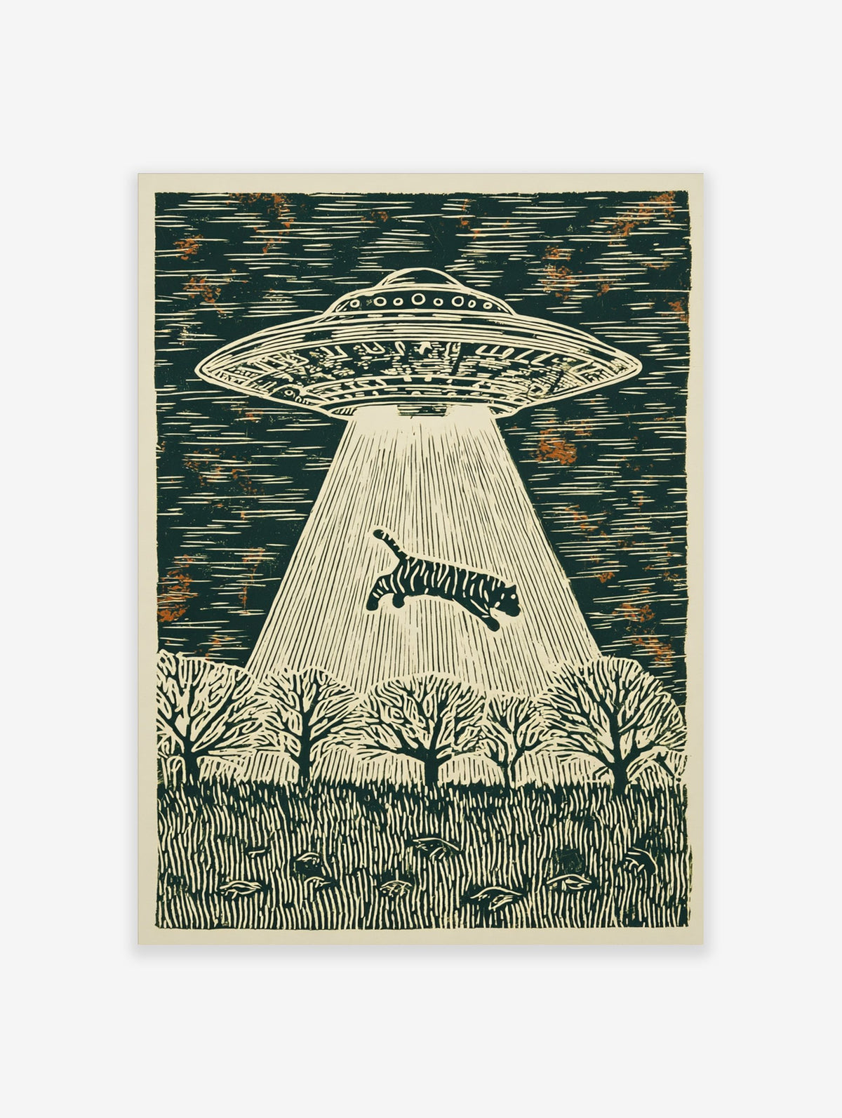 Illustrative woodcut style print of a UFO abducting a striped tiger with a light beam over a forest