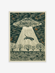 Illustrative woodcut style print of a UFO abducting a striped tiger with a light beam over a forest