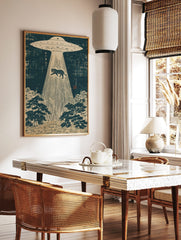 UFO abducting a tiger in a Japanese woodblock print style, with dark blue sky and beige forest, in a styled room mockup