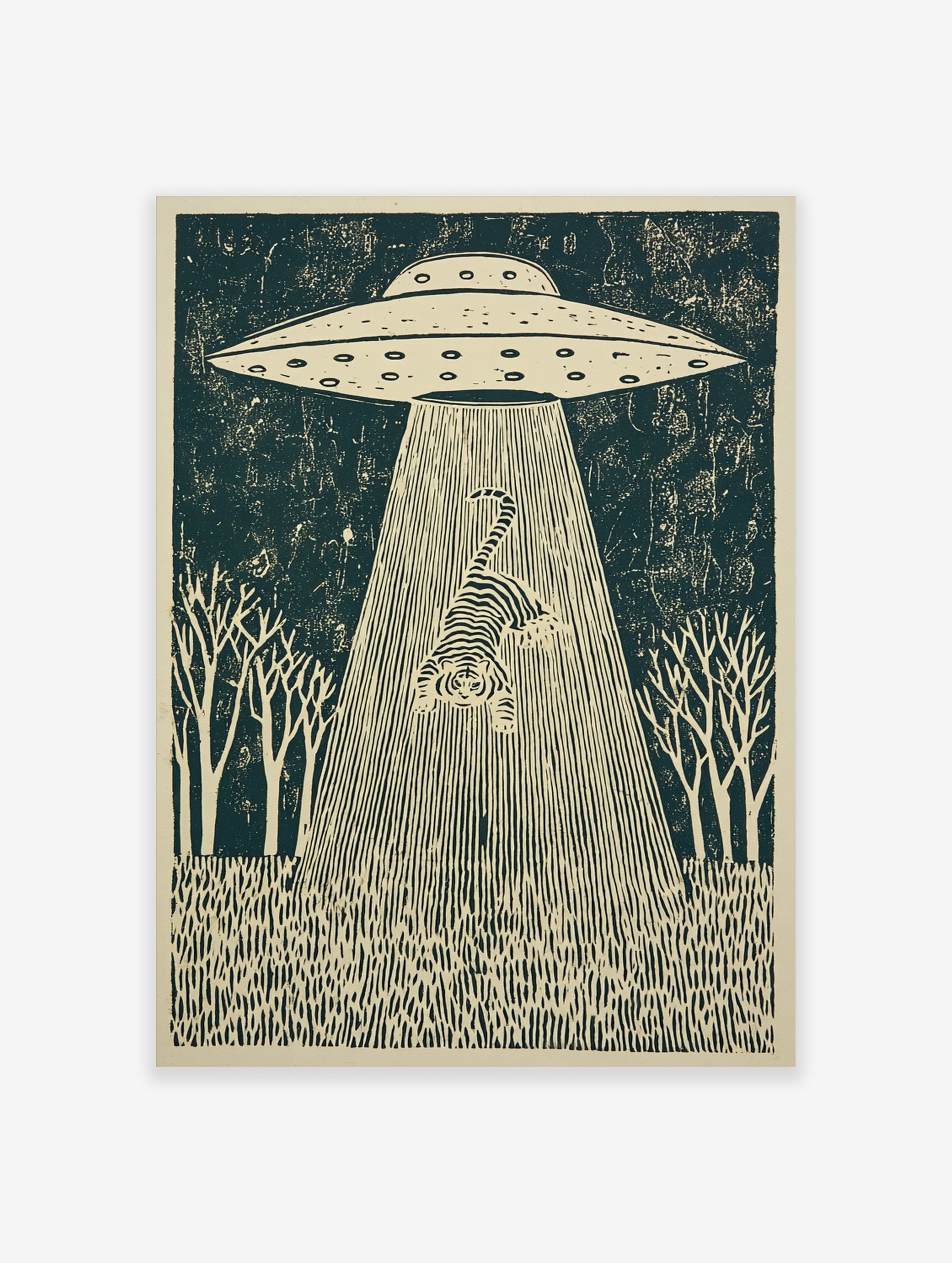 Linocut-style print of a striped tiger being abducted by a UFO's tractor beam, set in a forest