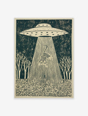 Linocut-style print of a striped tiger being abducted by a UFO's tractor beam, set in a forest