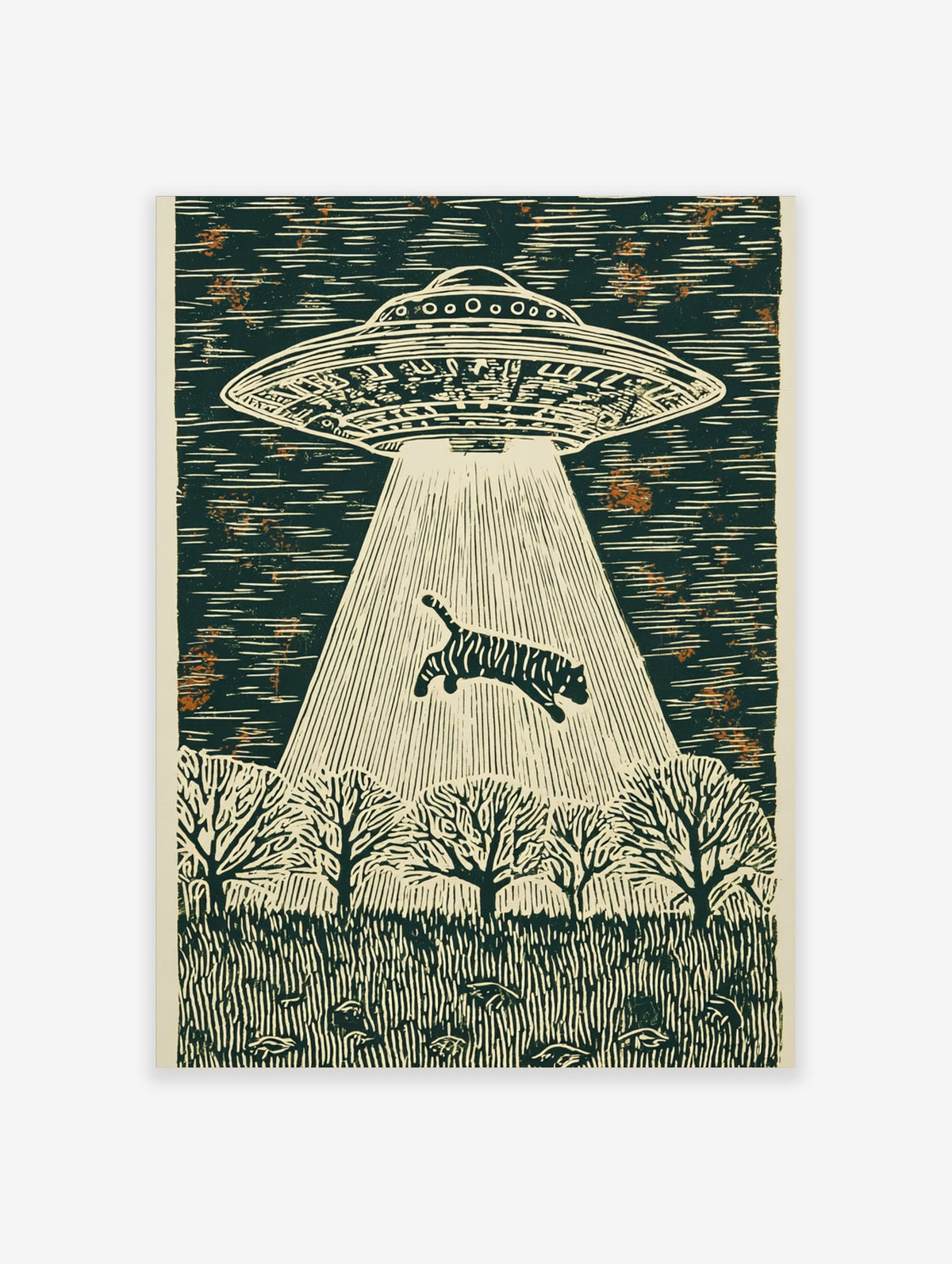 Linocut style wall art of a striped tiger being abducted by a UFO's beam over a forest at night
