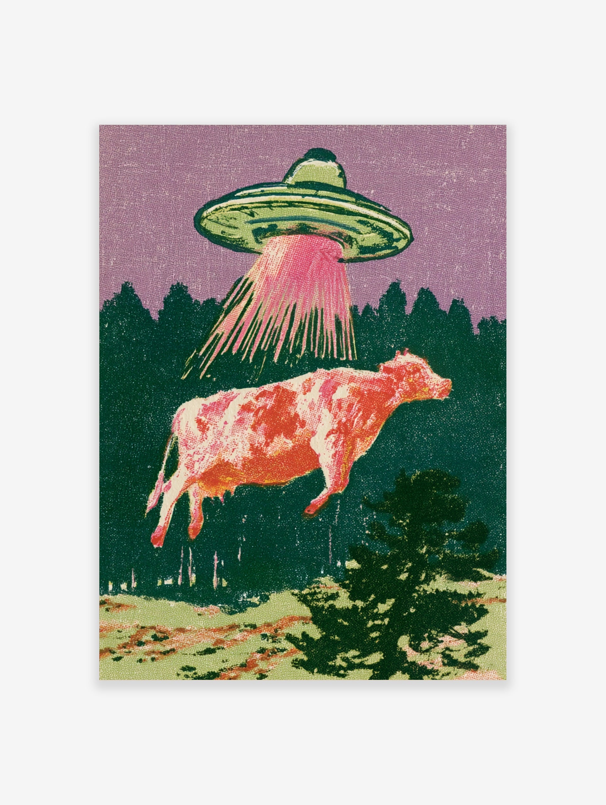 Retro illustration of a UFO abducting a cow with a pink tractor beam against a purple sky and green forest