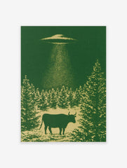 Monochromatic green wall art print of a cow being abducted by a UFO above a forest silhouette