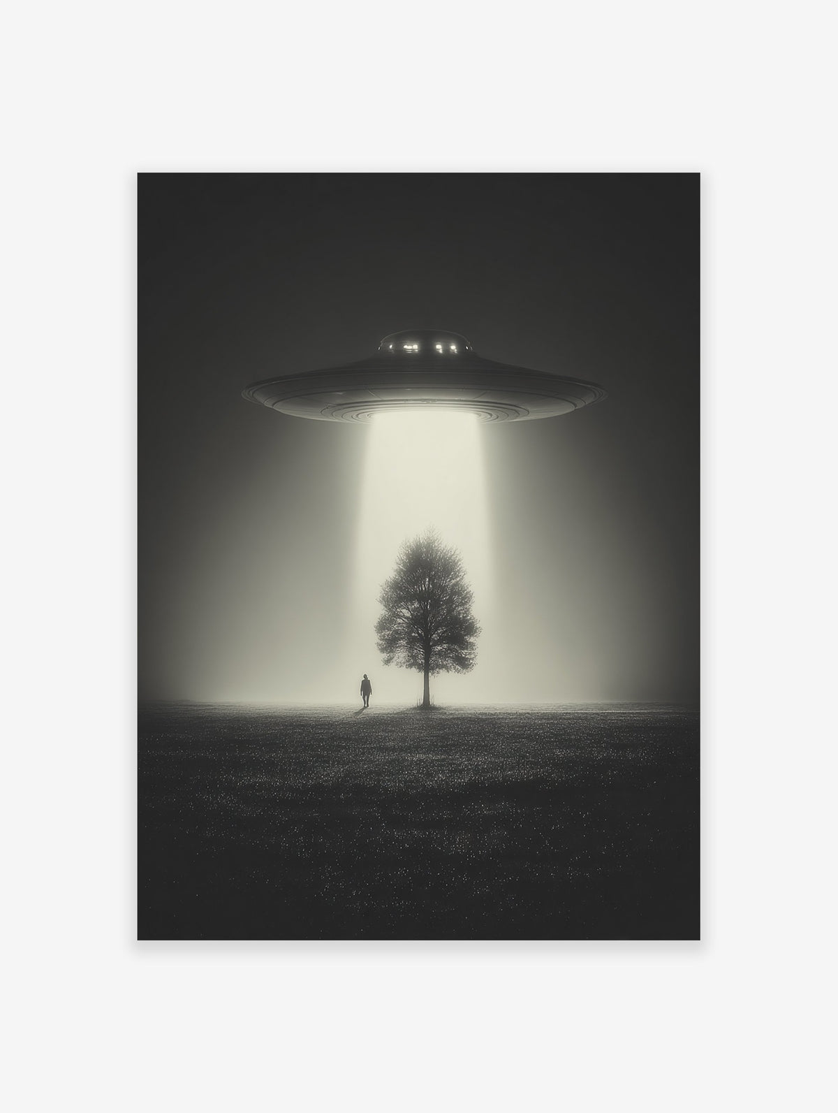 Black and white UFO art print with a spaceship beaming light onto a tree and a person in a misty field.
