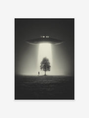 Black and white UFO art print with a spaceship beaming light onto a tree and a person in a misty field.