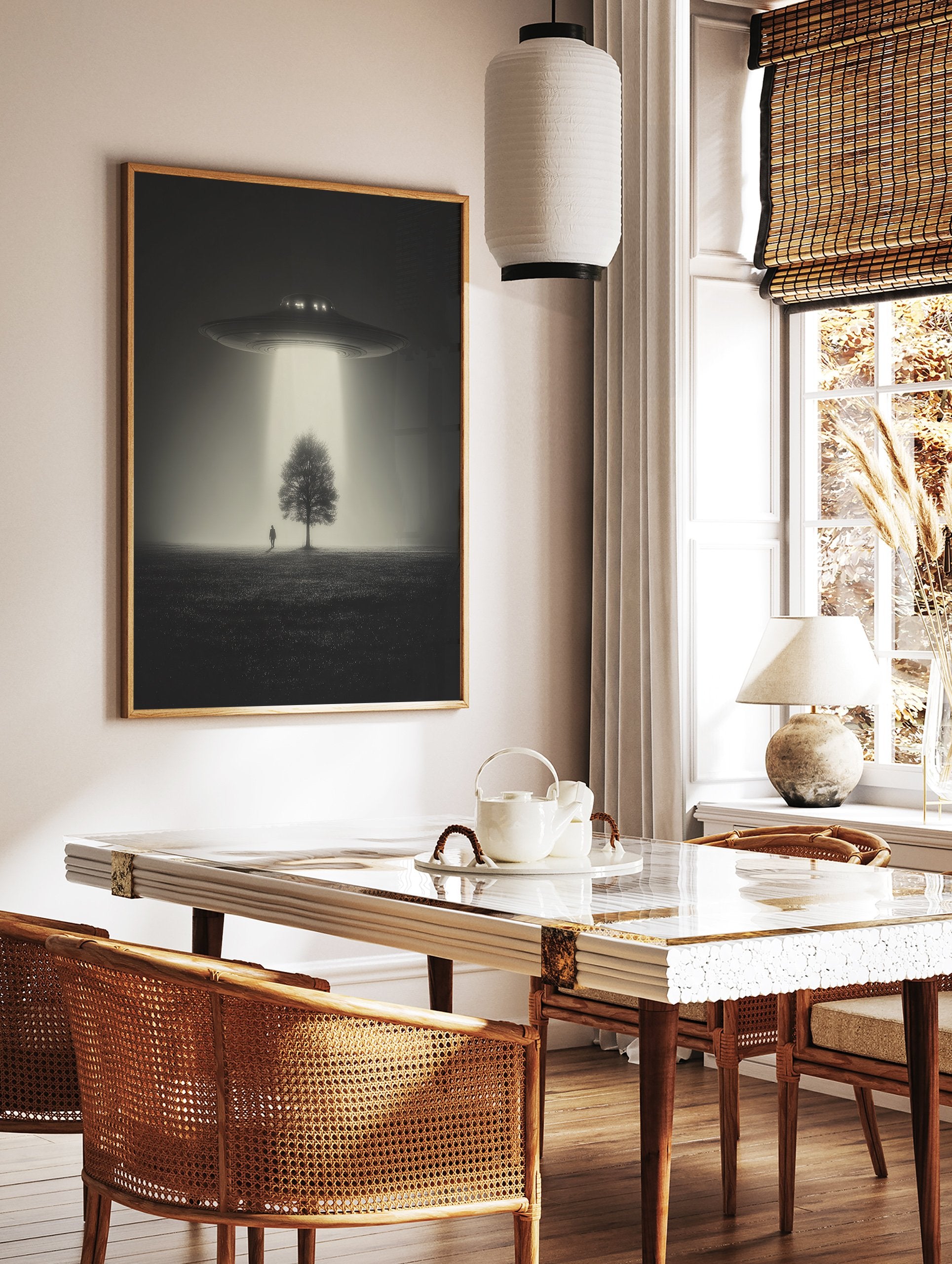 Black and white UFO art print with a spaceship beaming light onto a tree and a person in a misty field. - Image 3
