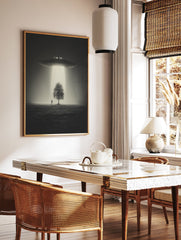 Black and white UFO art print with a spaceship beaming light onto a tree and a person in a misty field. - Image 3