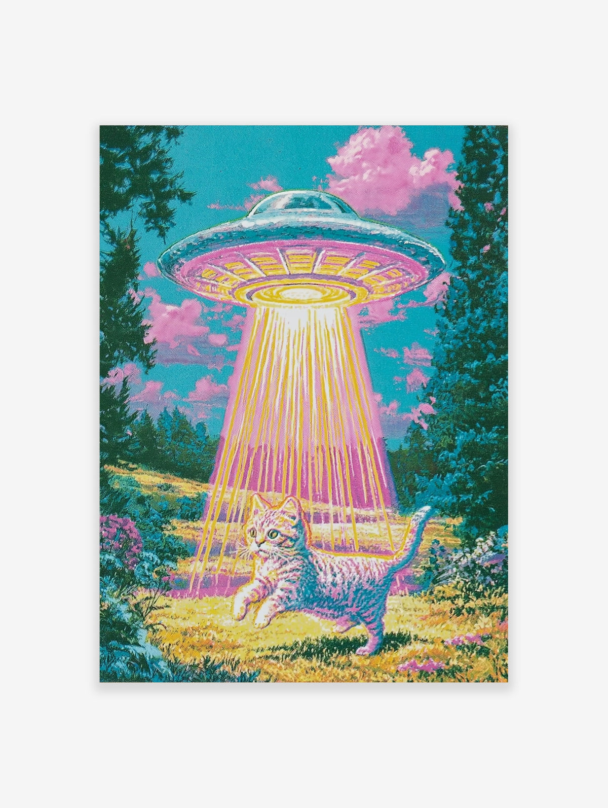 Surreal art print of a tabby cat being abducted by a glowing UFO in a vibrant, retro-styled landscape