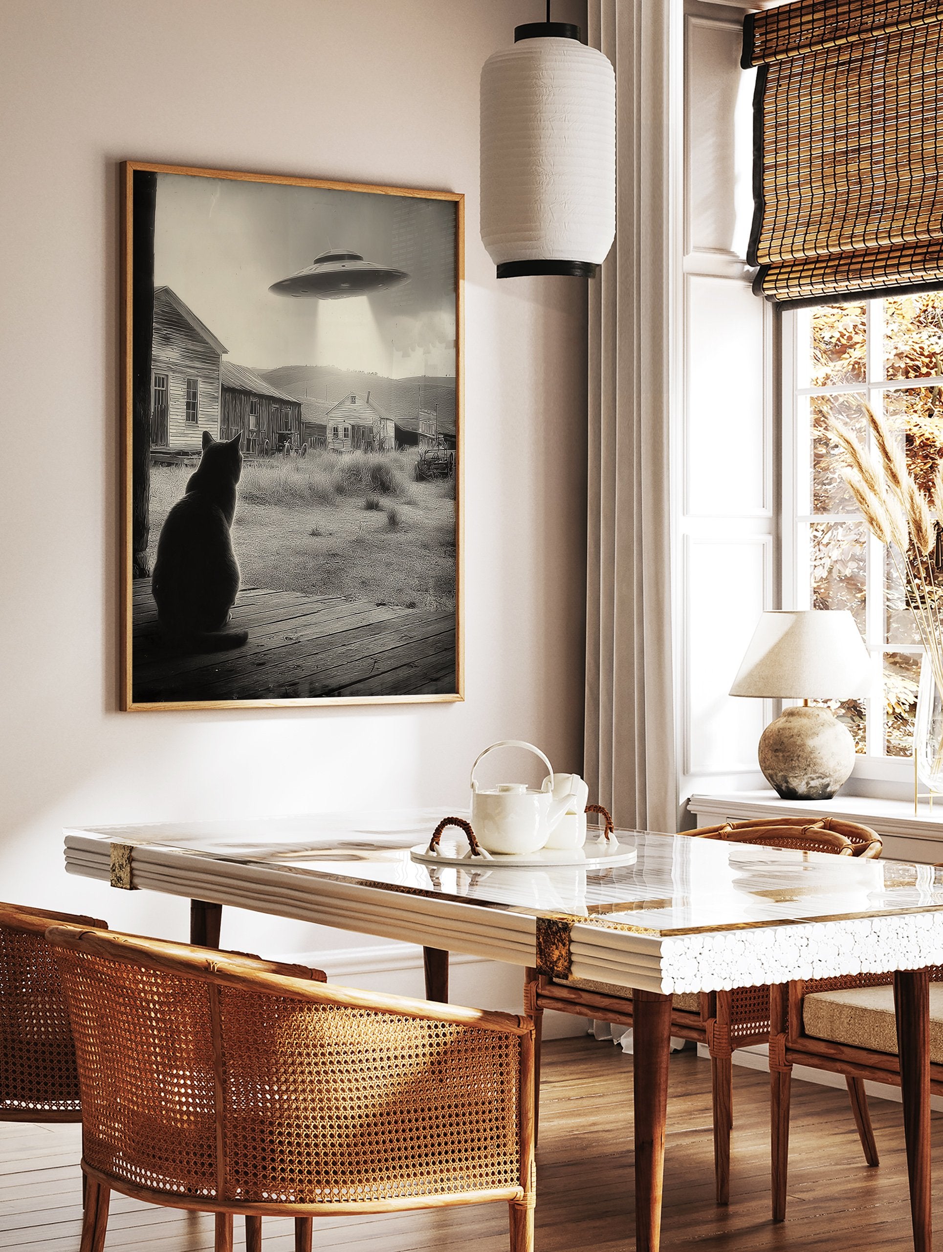 Black and white UFO Cat Wall Art showing a cat on a porch looking at a UFO hovering over old houses in a rural setting. - Image 3