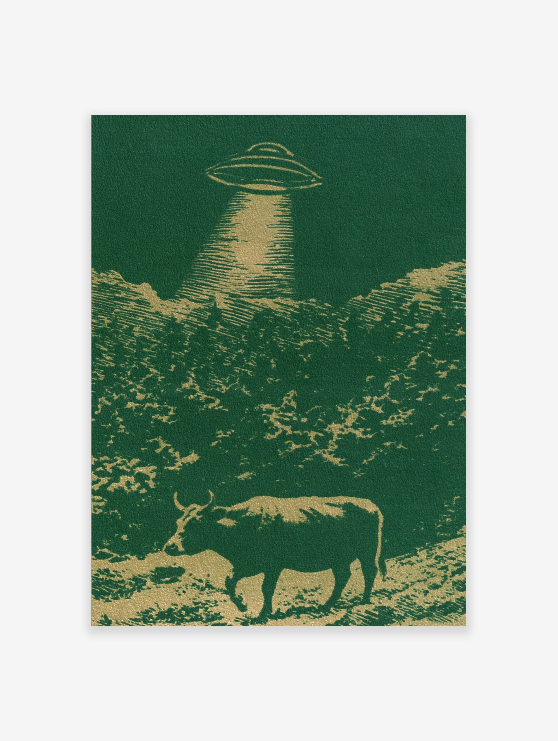 UFO hovering over a cow in a field illustration with green and gold colours, retro-futurist style art print