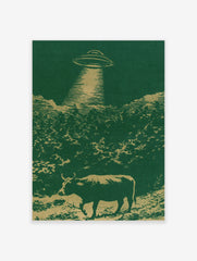 UFO hovering over a cow in a field illustration with green and gold colours, retro-futurist style art print