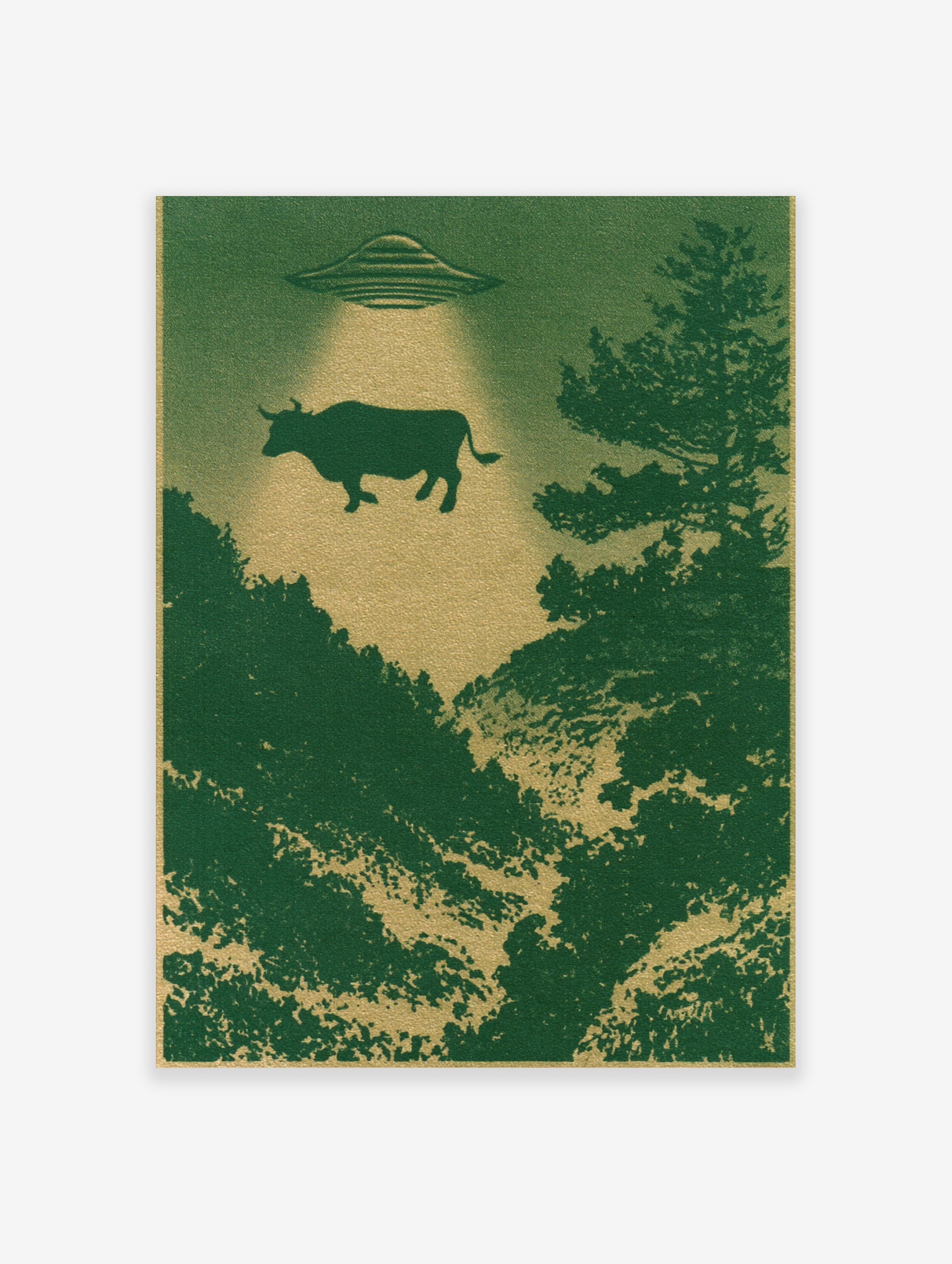 Surreal UFO abduction scene with a cow floating above a dark green forest, illustrated poster print