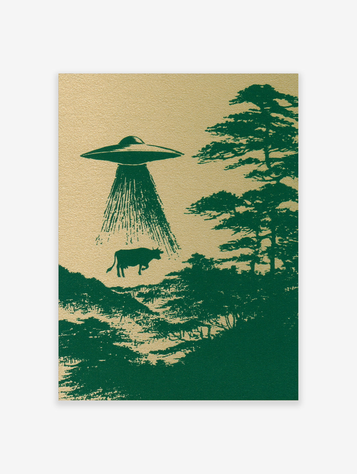 UFO abducting a cow in an illustrative green print on textured background